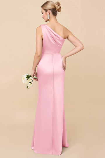 Blush Pink One Shoulder Sheath Ruched Long Satin Bridesmaid Dress